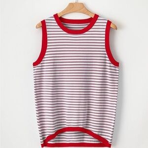 Striped Knit Sleeveless Top with Red Trim